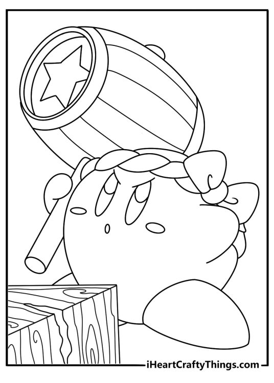 Kirby coloring page featuring Hammer Kirby beside a cracked wooden block