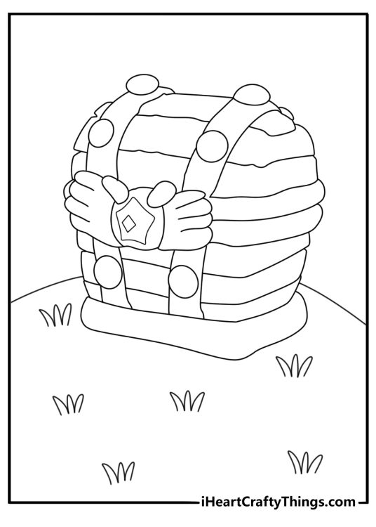 Kirby coloring page for kids with a treasure chest near a grassy hill