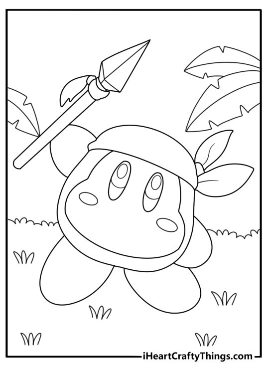Kirby coloring pages scene with Bandana Waddle Dee carrying a spear