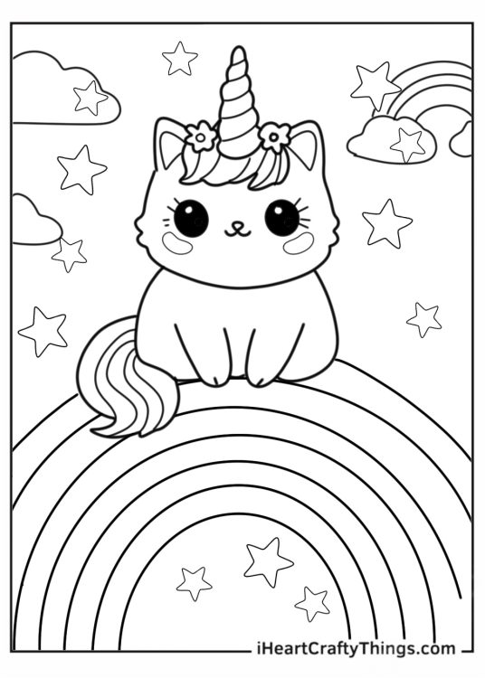 Kitten In Unicorn Costume Sitting On Rainbow Coloring Sheet