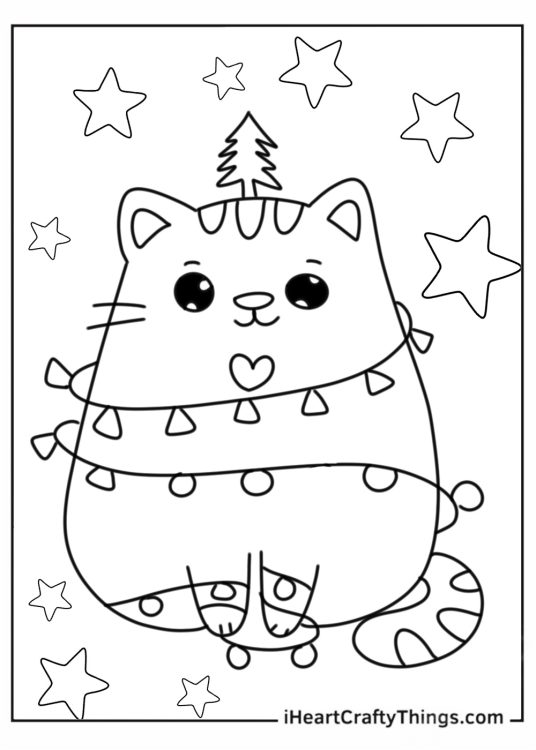 Kitten Wrapped In Christmas Lights Coloring Page