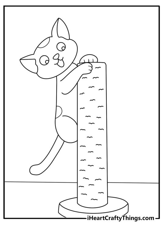 Kitten coloring page showing a young cat climbing a scratching post
