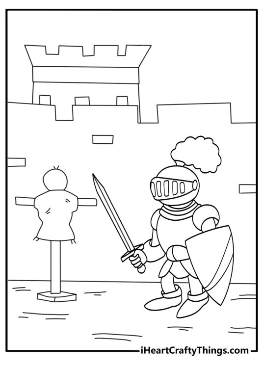 Knight training yard beside castle with practice dummies fun coloring printable