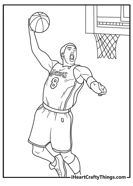 Kobe Bryant coloring page for kids showing him making a layup