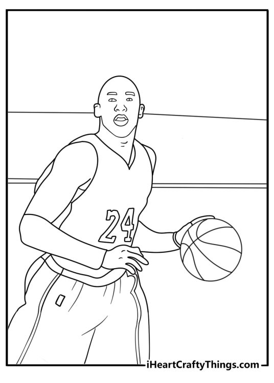 Kobe Bryant coloring pages scene featuring him holding a basketball on the court