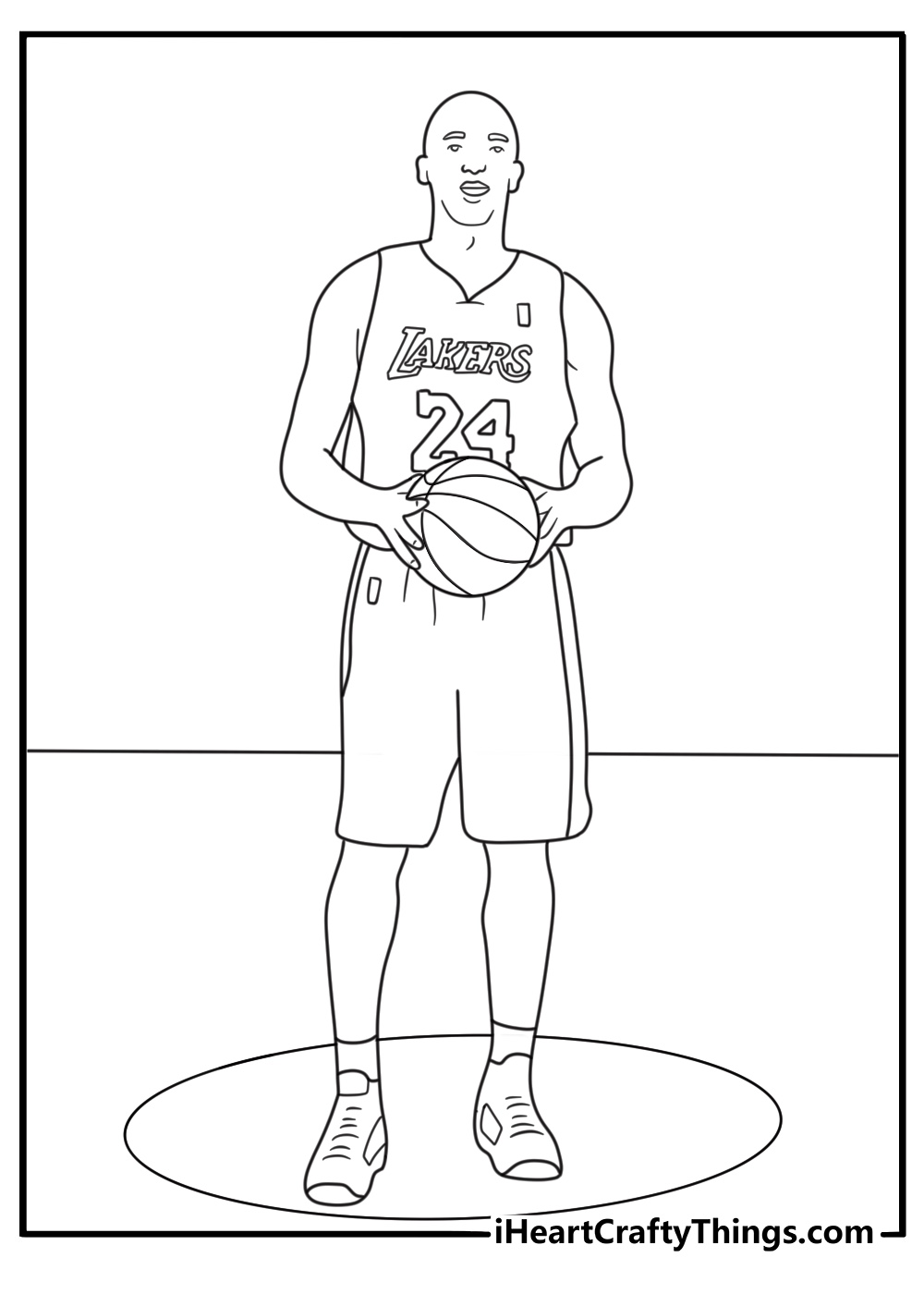 Kobe Bryant stands at center court holding a basketball in this printable