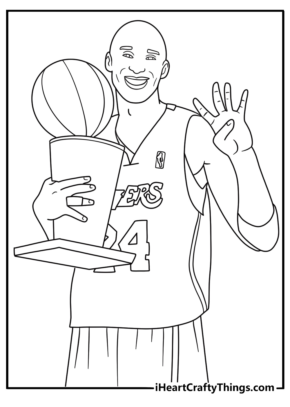 Kobe celebrates a championship with the trophy in this detailed coloring page