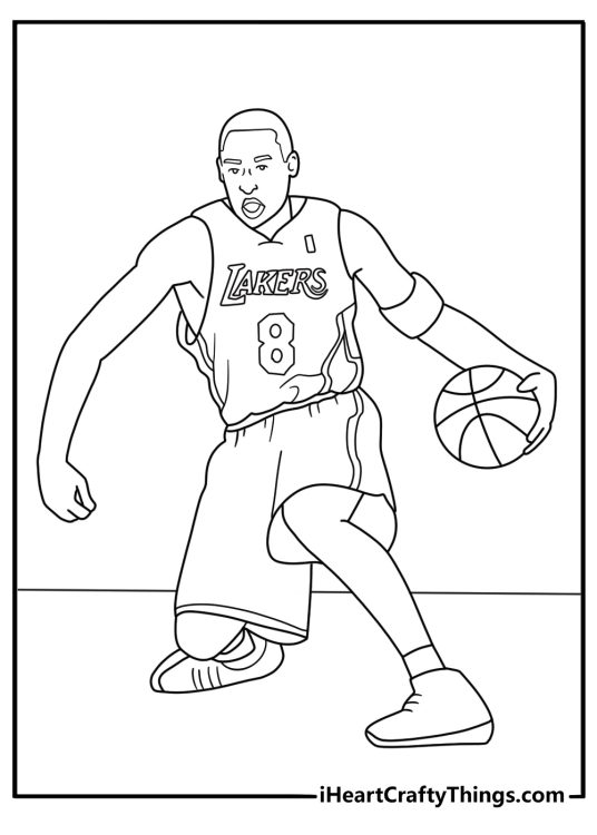 Kobe practices footwork near the baseline in this detailed coloring sheet