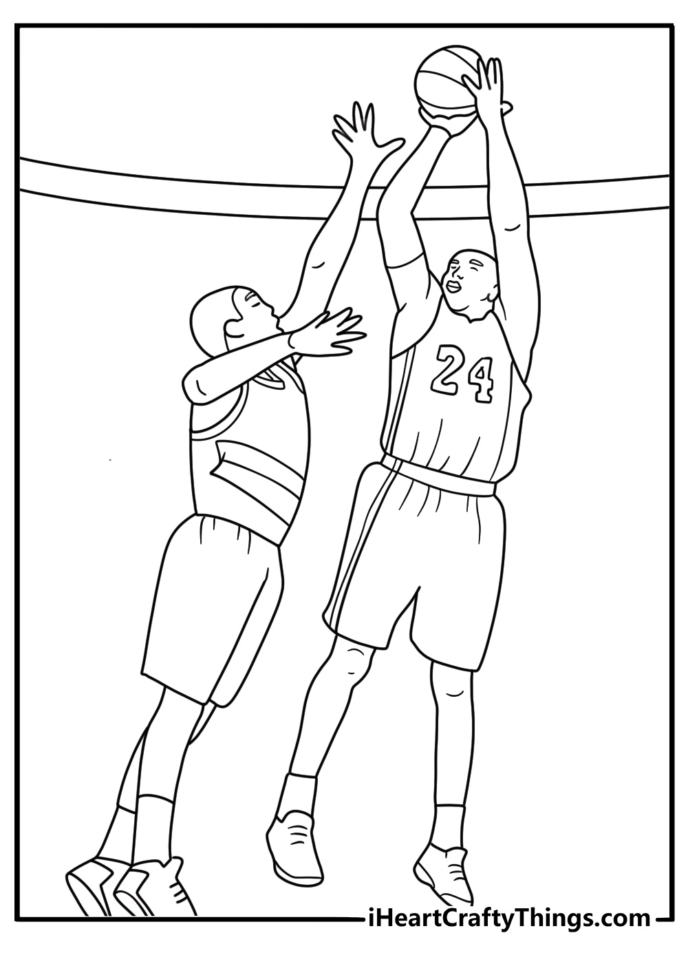 Kobe shoots over a defender with his classic fadeaway move in this coloring page