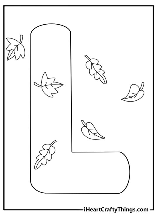 L is for leaf coloring page with falling leaves around the letter
