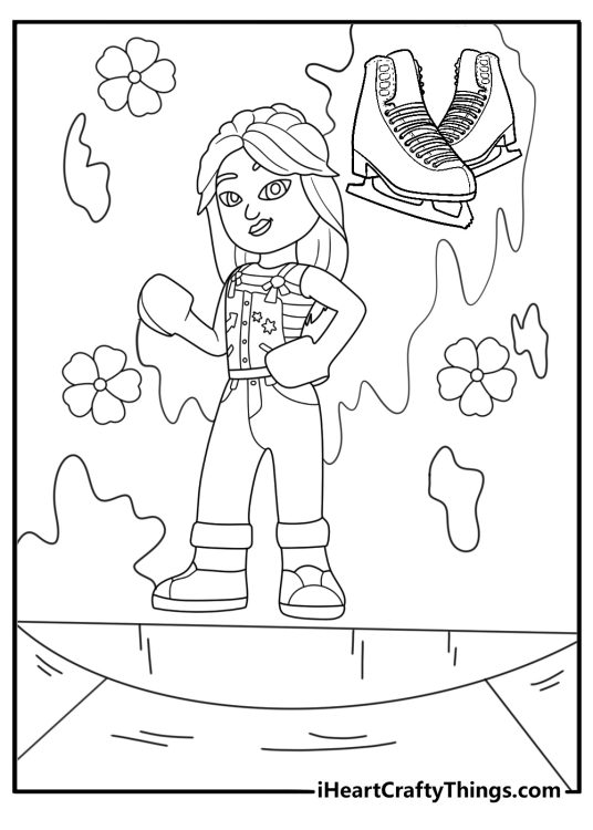 LEGO Friend Liann mural painting at skate park detailed coloring sheet printable