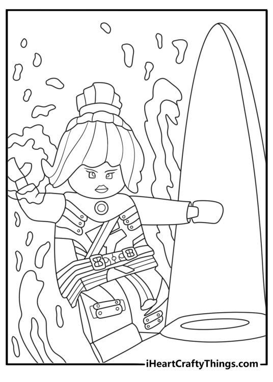 LEGO Ninjago coloring page showing Nya using a powerful water wave