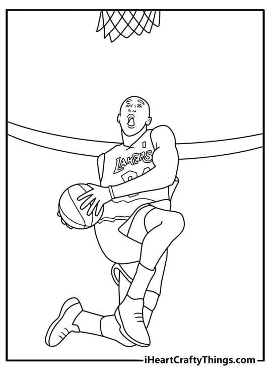 Lakers legend Kobe Bryant appears beside a basketball hoop in this free printable