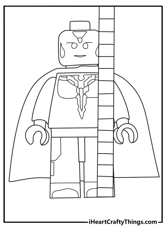 Lego Avengers coloring pdf with Vision phasing through a wall for adults detailed