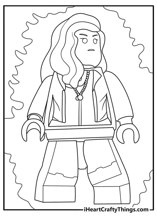 Lego Avengers coloring picture featuring Scarlet Witch casting hex energy easy download