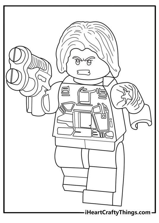 Lego Avengers coloring sheet featuring Winter Soldier with cyber arm guard pose for kids
