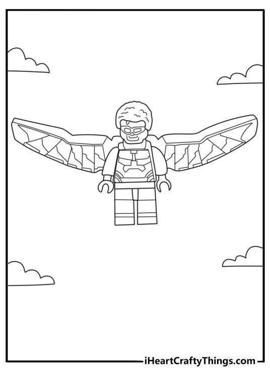 Lego Avengers cute kawaii coloring page of Falcon with jet wings open simple printable