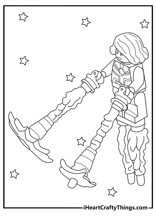Lego Avengers printable coloring drawing with Captain Marvel glowing binary powers space scene
