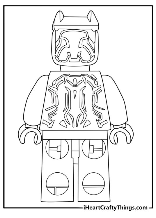 Lego Avengers printable coloring sheet with Black Panther in vibranium suit pounce stance for kids