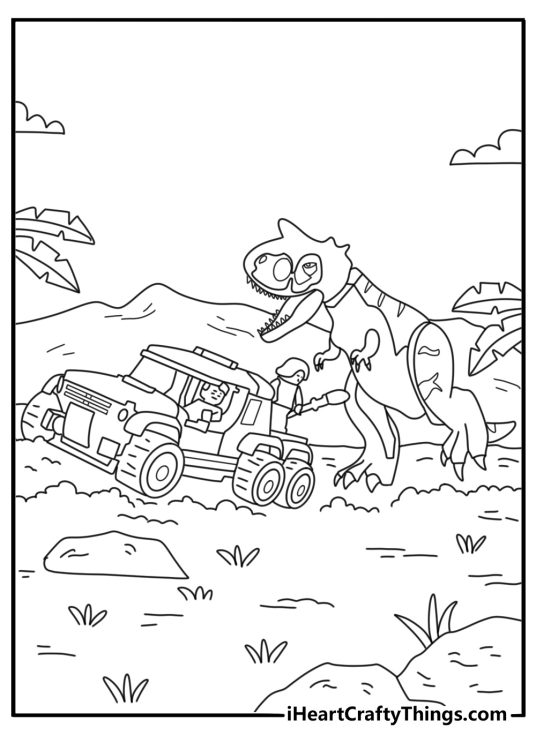 Lego Jurassic World coloring pages scene with block style dinosaur chase near a jeep