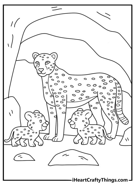 Leopard mother with two cubs near rocky cave coloring page for kids