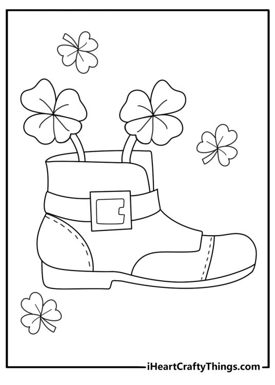 Leprechaun boot with four leaf clover charm coloring sheet