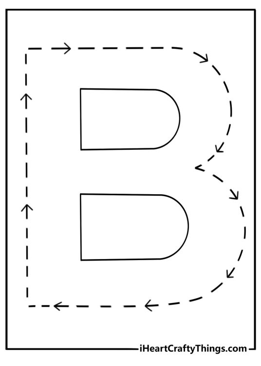Letter B coloring page with bold uppercase outline and tracing arrows