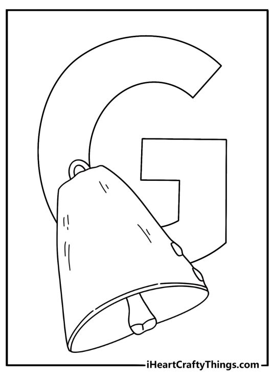 Letter G coloring page for toddlers with a goat bell beside the letter