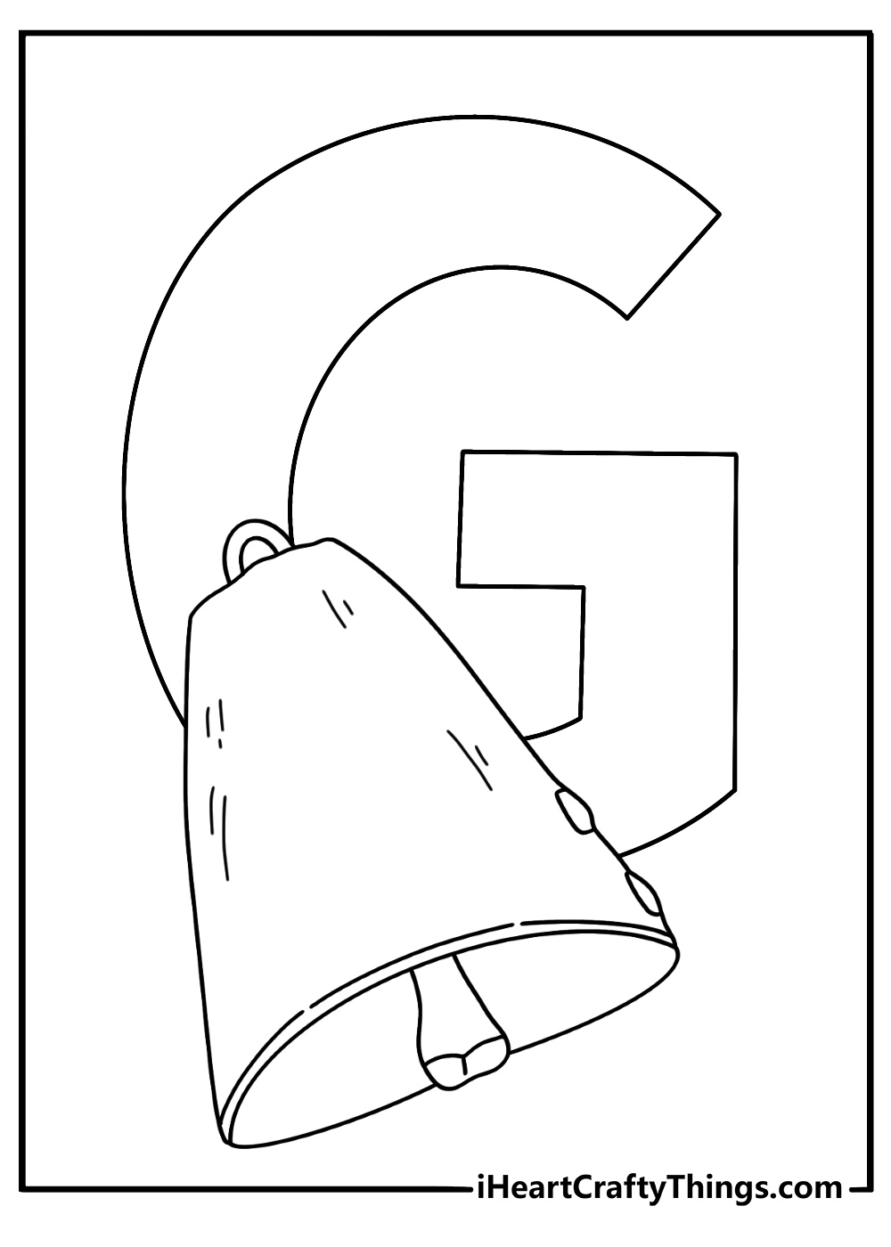 Letter G coloring page for toddlers with a goat bell beside the letter