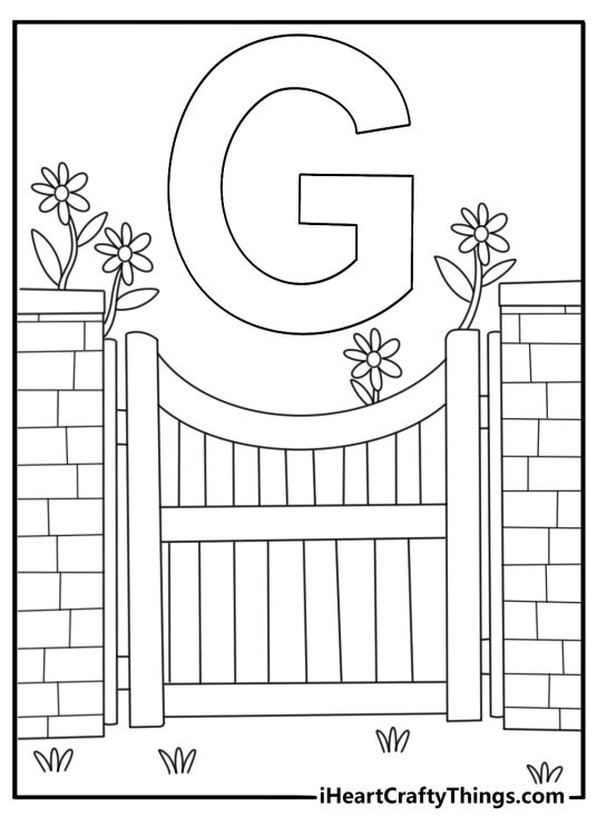 Letter G coloring page with a big letter G beside a garden gate