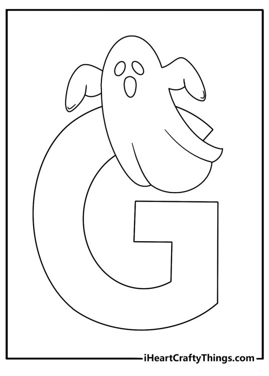 Letter G coloring pages for kids with a ghost floating near the letter