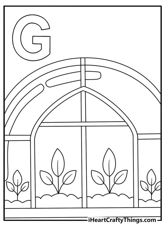Letter G coloring printable with a greenhouse behind the capital G