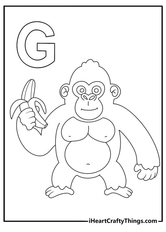 Letter G coloring sheet for preschoolers with a gorilla holding a banana