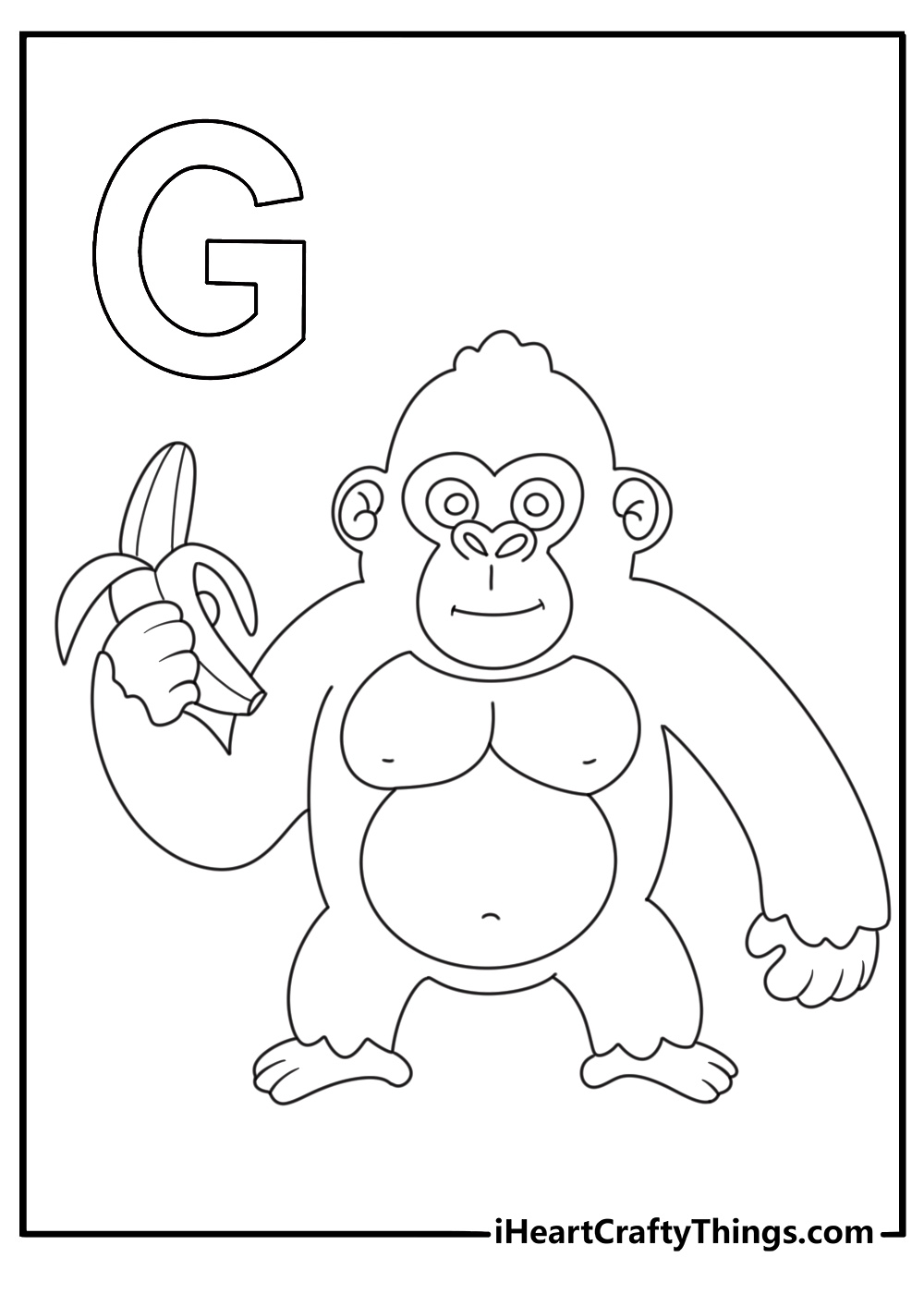 Letter G coloring sheet for preschoolers with a gorilla holding a banana