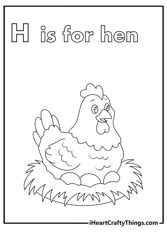 Letter H coloring page with a large uppercase H beside a hen and eggs