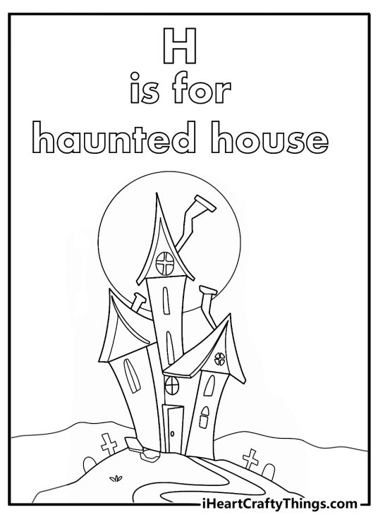 Letter H coloring pages for adults with a haunted house on a hill
