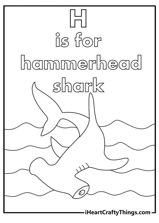 Letter H coloring pages for preschoolers with a hammerhead shark in ocean waves