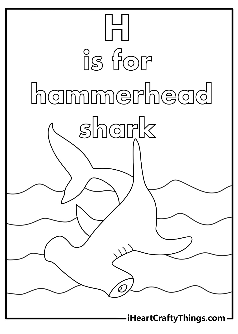 Letter H coloring pages for preschoolers with a hammerhead shark in ocean waves