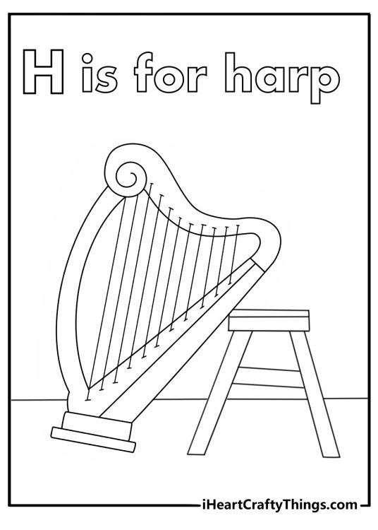 Letter H coloring pages for toddlers with a harp resting on a stool