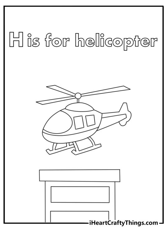Letter H coloring pages preschool with a helicopter above city buildings