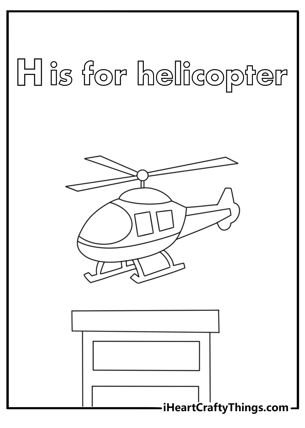 Letter H coloring pages preschool with a helicopter above city buildings