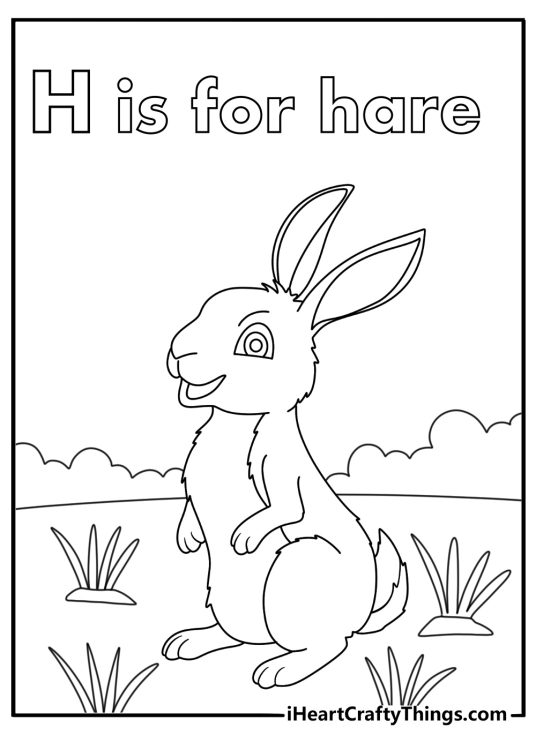 Letter H coloring pages printable with a hare near tall grass