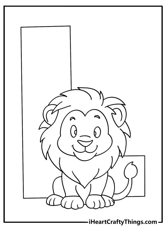 Letter L coloring page with a large uppercase letter beside a lion