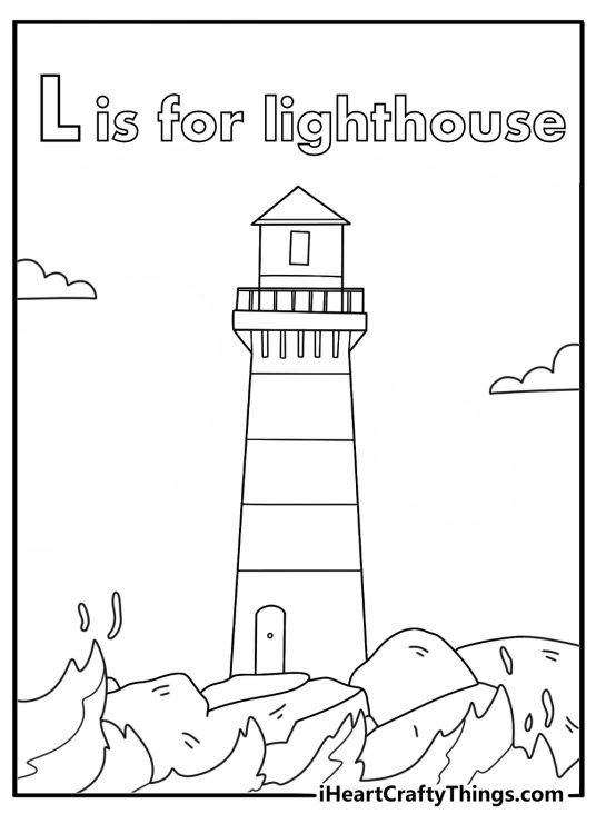 Letter L coloring page with a lighthouse near ocean waves