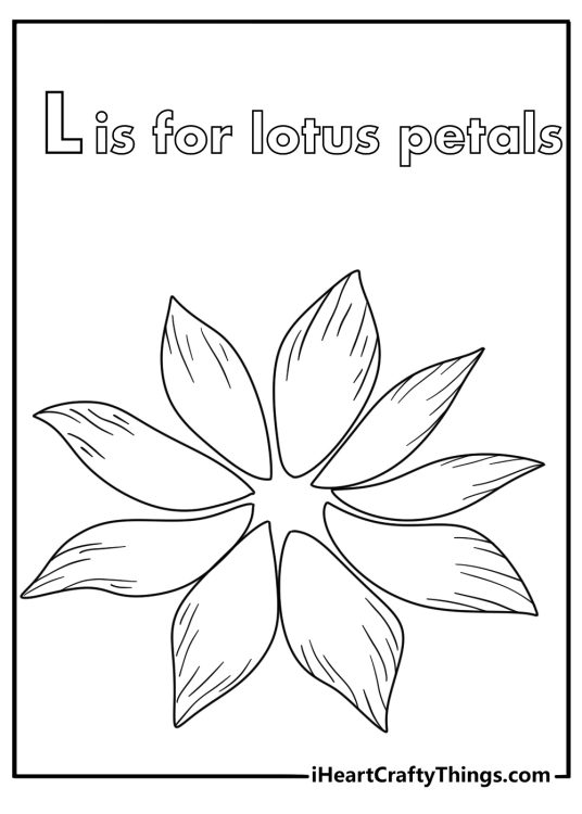 Letter L coloring pages for adults with line art lotus petals