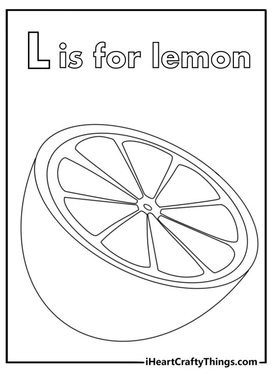 Letter L coloring sheet for kids with a lemon cut in half