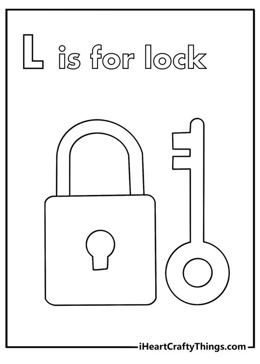 Letter L coloring sheet with a lock and key beside the letter