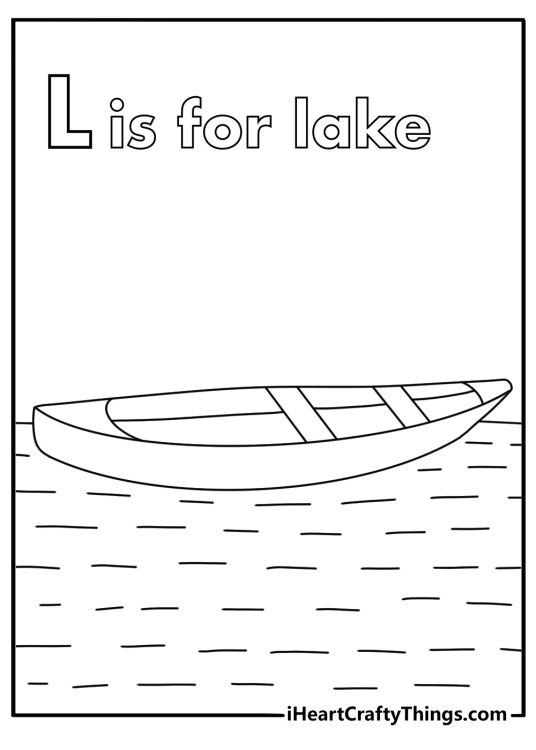 Letter L printable for kids with a lake and a small лодка