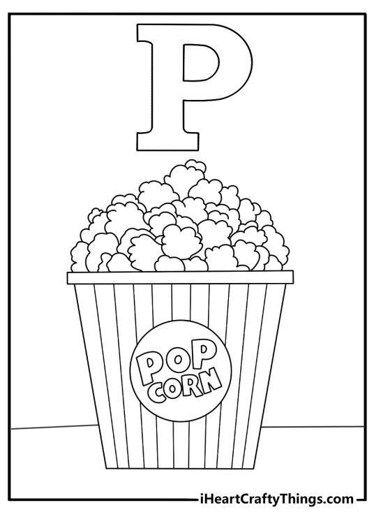 Letter P coloring page for preschool with simple popcorn box