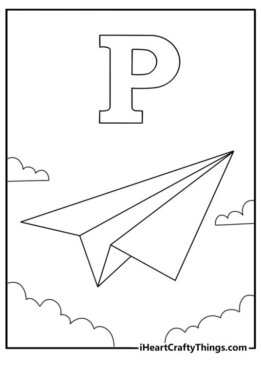 Letter P coloring page with paper plane flying in sky